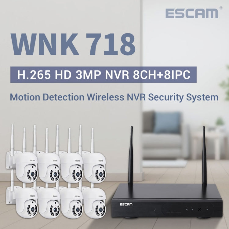ESCAM WNK718 HD 3.0 Million Pixels 8-channel Wireless + 8IPC Wireless NVR Security System, EU Plug - Dome Camera by ESCAM | Online Shopping South Africa | PMC Jewellery