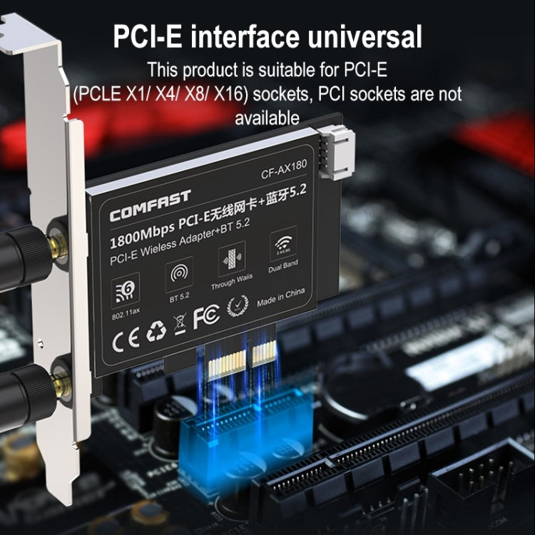 COMFAST CF-AX180 1800Mbps PCI-E Bluetooth 5.2 Dual Frequency Gaming WiFi 6 Wireless Network Card without Heat Sink - USB Network Adapter by COMFAST | Online Shopping South Africa | PMC Jewellery | Buy Now Pay Later Mobicred