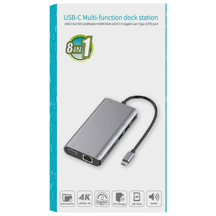 Onten 9591BD 8 in 1 USB-C / Type-C to PD USB-C / Type-C Charging + 100M Ethernet Port + Dual USB 3.0 + HDMI + VGA + SD Card Slot + 3.5mm AUX HUB (Silver) - USB HUB by Onten | Online Shopping South Africa | PMC Jewellery | Buy Now Pay Later Mobicred