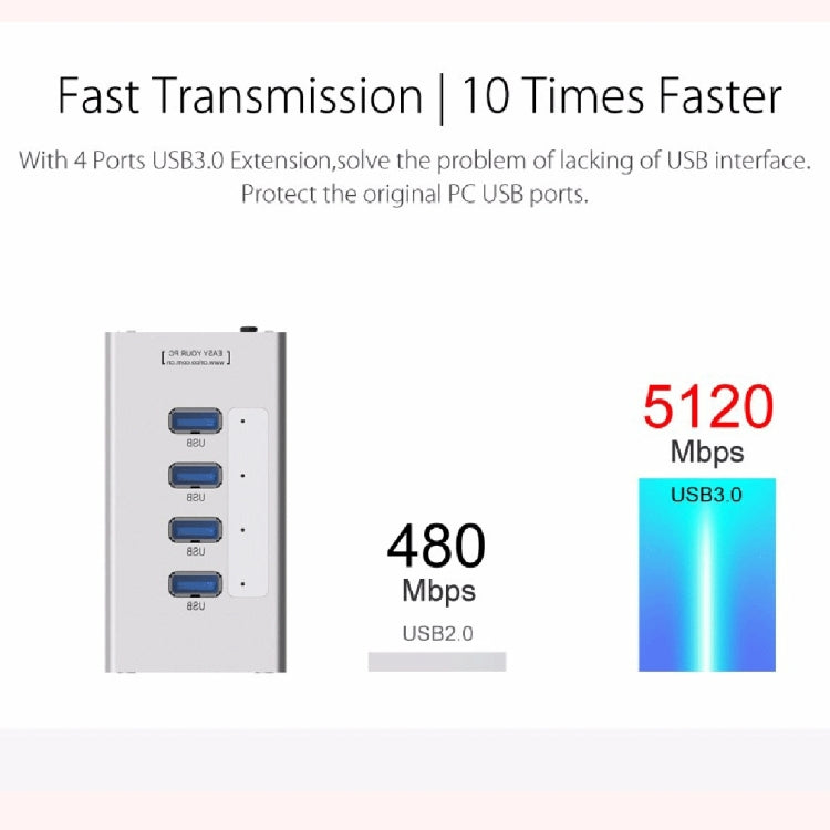 ORICO A3H4 Aluminum High Speed 4 Ports USB 3.0 HUB with 12V/2.5A Power Supply for Laptops(Silver) - USB 3.0 HUB by ORICO | Online Shopping South Africa | PMC Jewellery | Buy Now Pay Later Mobicred