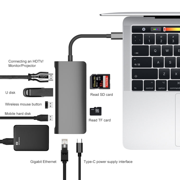 9591C 8 In 1 USB 3.0 x3 + SD / TF Card + HDMI + RJ45 + Type-C / USB-C (PD) Multi-function HUB Converter Dock Station (Black) - USB HUB by PMC Jewellery | Online Shopping South Africa | PMC Jewellery | Buy Now Pay Later Mobicred