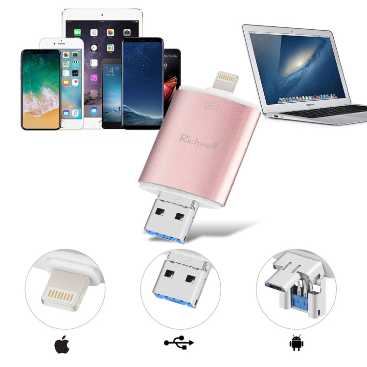 Richwell 3 in 1 128G Type-C + 8 Pin + USB 3.0 Metal Double Cover Push-pull Flash Disk with OTG Function(Rose Gold) - U Disk & Card Reader by Richwell | Online Shopping South Africa | PMC Jewellery | Buy Now Pay Later Mobicred