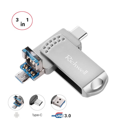 Richwell 3 in 1 16G Type-C + Micro USB + USB 3.0 Metal Flash Disk with OTG Function(Silver) - U Disk & Card Reader by Richwell | Online Shopping South Africa | PMC Jewellery | Buy Now Pay Later Mobicred