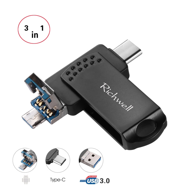 Richwell 3 in 1 64G Type-C + Micro USB + USB 3.0 Metal Flash Disk with OTG Function(Black) - U Disk & Card Reader by Richwell | Online Shopping South Africa | PMC Jewellery | Buy Now Pay Later Mobicred