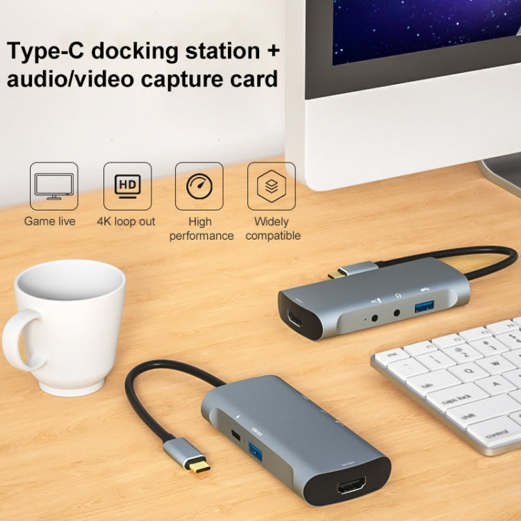 Z41 6 in 1 USB-C / Type-C to PD USB-C / Type-C + HD HDMI + USB 3.0 + 3.5mm AUX + USB + Microphone Interface Multifunctional Docking Station Video Capture Card (Grey) - Video Capture Solutions by PMC Jewellery | Online Shopping South Africa | PMC Jewellery | Buy Now Pay Later Mobicred