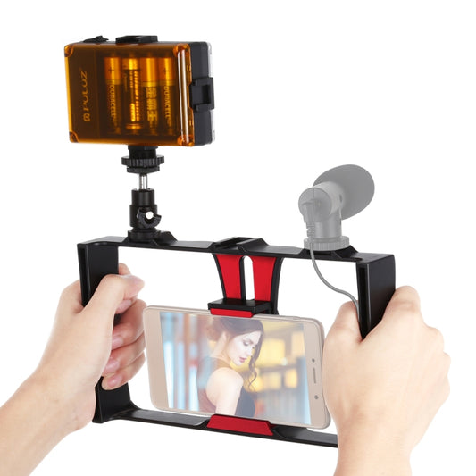 PULUZ 2 in 1 Vlogging Live Broadcast LED Selfie Light Smartphone Video Rig Kits with Cold Shoe Tripod Head for iPhone, Galaxy, Huawei, Xiaomi, HTC, LG, Google, and Other Smartphones(Red) - Camera Cage by PULUZ | Online Shopping South Africa | PMC Jewellery | Buy Now Pay Later Mobicred