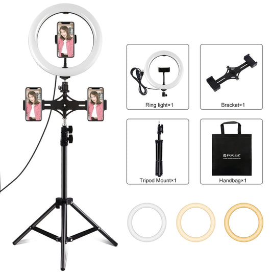 PULUZ Dual Phone Brackets Horizontal Holder + 1.1m Tripod Mount + 10.2 inch 26cm LED Ring Vlogging Video Light  Live Broadcast Kits(Black) - Ring Light by PULUZ | Online Shopping South Africa | PMC Jewellery | Buy Now Pay Later Mobicred