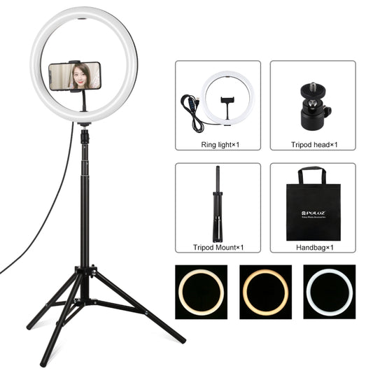 PULUZ 11.8 inch 30cm Light + 1.65m Tripod Mount Curved Surface USB 3 Modes Dimmable Dual Color Temperature LED Ring Vlogging Video Light Live Broadcast Kits with Phone Clamp(Black) - Ring Light by PULUZ | Online Shopping South Africa | PMC Jewellery | Buy Now Pay Later Mobicred