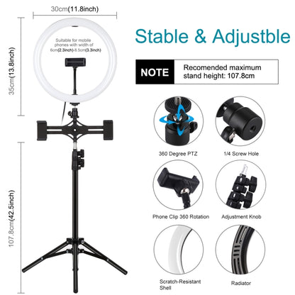 PULUZ 11.8 inch 30cm Light + 1.1m Tripod Mount + Dual Phone Brackets Curved Surface USB 3 Modes Dimmable Dual Color Temperature LED Ring Vlogging Video Light Live Broadcast Kits with Phone Clamp(Black) - Ring Light by PULUZ | Online Shopping South Africa | PMC Jewellery | Buy Now Pay Later Mobicred