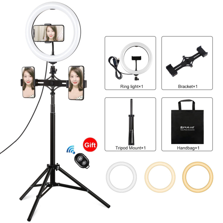 PULUZ 1.65m Tripod Mount + Dual Phone Brackets + 10.2 inch 26cm Curved Surface USB 3 Modes Dimmable Dual Color Temperature Ring Selfie Vlogging Video Light Live Broadcast Kits with Phone Clamp & Selfie Remote Control(Black) - Ring Light by PULUZ | Online Shopping South Africa | PMC Jewellery | Buy Now Pay Later Mobicred