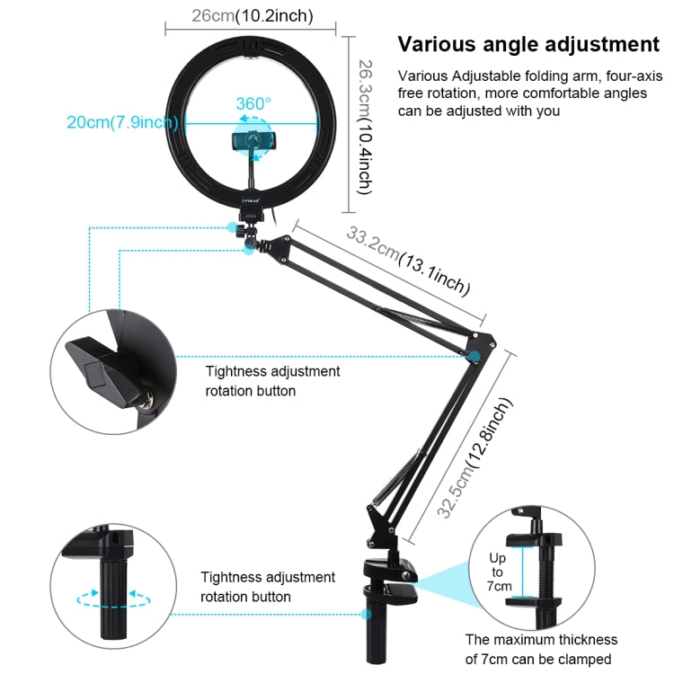 PULUZ 10.2 inch 26cm Ring Curved Light + Desktop Arm Stand USB 3 Modes Dimmable Dual Color Temperature LED Vlogging Selfie Photography Video Lights with Phone Clamp(Black) - Ring Light by PULUZ | Online Shopping South Africa | PMC Jewellery | Buy Now Pay Later Mobicred