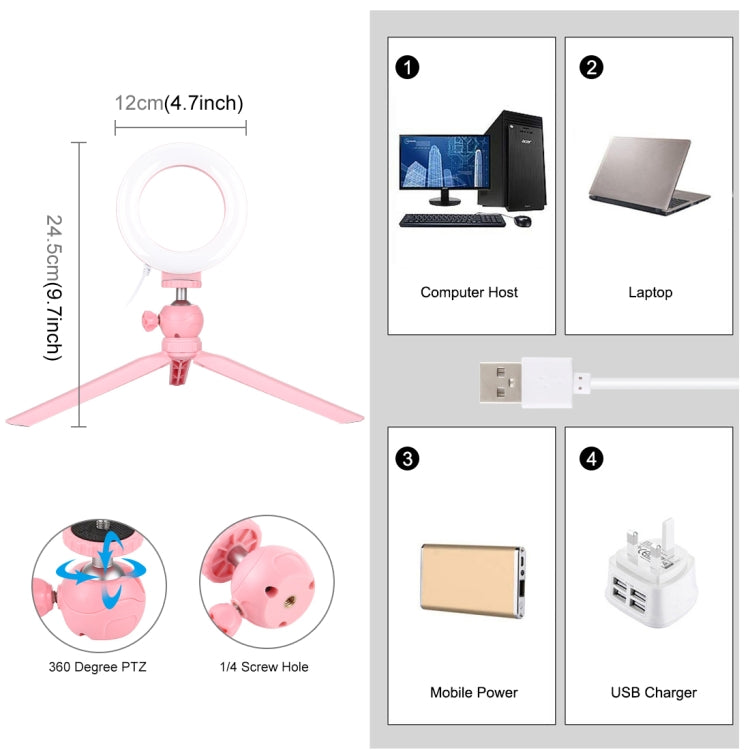 PULUZ 4.7 inch 12cm Light + Desktop Tripod Mount USB 3 Modes Dimmable LED Ring Vlogging Selfie Photography Video Lights with Cold Shoe Tripod Ball Head (Pink) - Ring Light by PULUZ | Online Shopping South Africa | PMC Jewellery | Buy Now Pay Later Mobicred