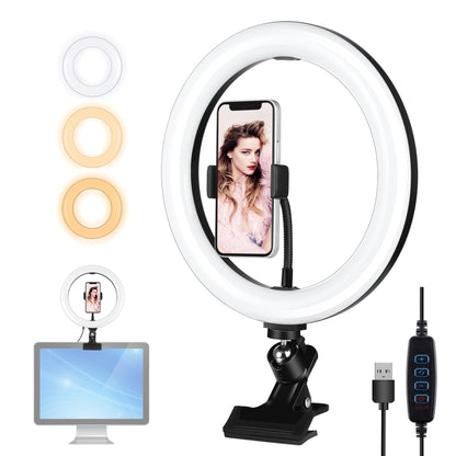 PULUZ 10.2 inch 26cm Ring Light + Monitor Clip USB 3 Modes Dimmable Dual Color Temperature LED Curved Diffuse Vlogging Selfie Beauty Photography Video Lights with Phone Clamp(Black) - Ring Light by PULUZ | Online Shopping South Africa | PMC Jewellery | Buy Now Pay Later Mobicred