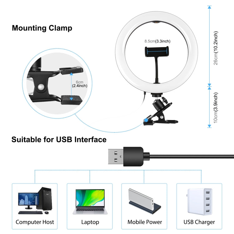 PULUZ 10.2 inch 26cm Ring Light + Monitor Clip USB 3 Modes Dimmable Dual Color Temperature LED Curved Diffuse Vlogging Selfie Beauty Photography Video Lights with Phone Clamp(Black) - Ring Light by PULUZ | Online Shopping South Africa | PMC Jewellery | Buy Now Pay Later Mobicred