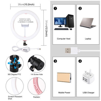 PULUZ 10.2 inch 26cm USB 3 Modes Dimmable Dual Color Temperature LED Curved Diffuse Light Ring Vlogging Selfie Photography Video Lights with Phone Clamp(Pink) - Ring Light by PULUZ | Online Shopping South Africa | PMC Jewellery | Buy Now Pay Later Mobicred