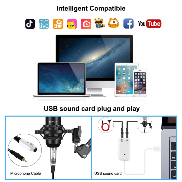 PULUZ Studio Broadcast Professional Singing Microphone Kits with Suspension Scissor Arm & Metal Shock Mount & USB Sound Card(Silver) - Microphone by PULUZ | Online Shopping South Africa | PMC Jewellery | Buy Now Pay Later Mobicred