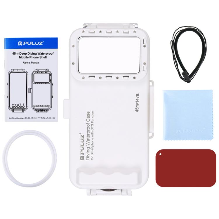 PULUZ 45m/147ft Waterproof Diving Case Photo Video Taking Underwater Housing Cover for iPhone 16 / 16 Pro / 15 / 15 Pro, Galaxy, Huawei, Xiaomi, Google Android OTG Smartphones with Type-C Port(White) - free shipping - PMC TechLife - Order now!