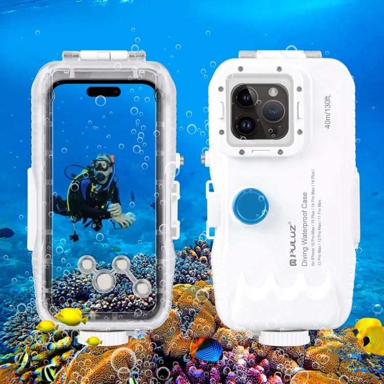 PULUZ 40m/130ft Waterproof Diving Case for iPhone 15 Pro Max / 15 Plus / 14 Plus / 14 Pro Max / 13 Pro Max / 12 Pro Max / 11 Pro Max, with One-way Valve Photo Video Taking Underwater Housing Cover(White) - free shipping - PMC TechLife - Order now!