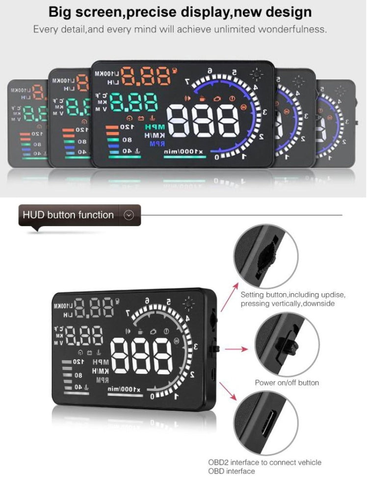 A8 5.5 inch Car OBDII HUD Warning System Vehicle-mounted Head Up Display Projector with LED, Support Fuel Consumption & Over Speed Alarm & Water Temperature & Fault Diagnosis - Head Up Display System by PMC Jewellery | Online Shopping South Africa | PMC Jewellery | Buy Now Pay Later Mobicred