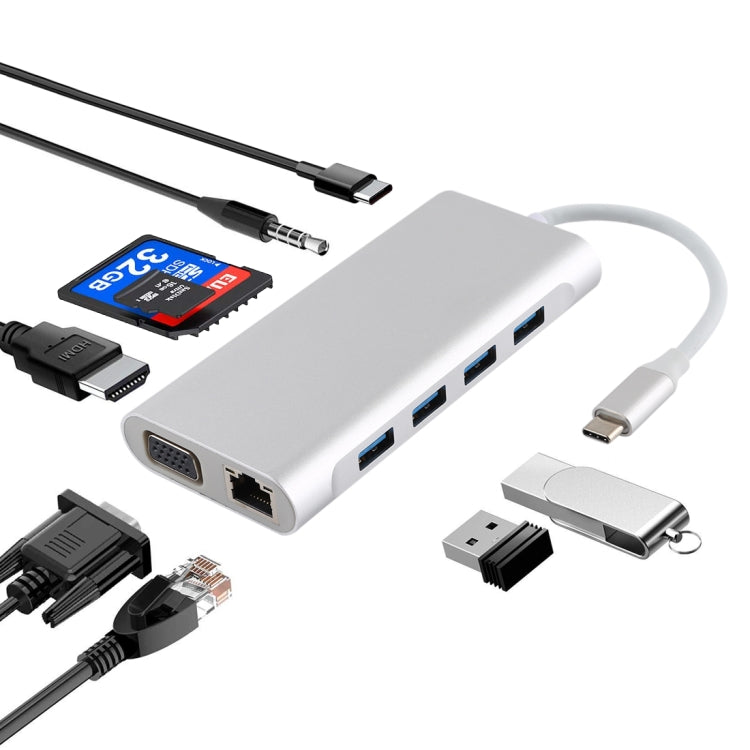 11 in 1 VGA + LAN Port + 4 x USB 3.0 + SD / TF Card + HDMI + Audio Port + USB-C / Type-C Female to USB-C / Type-C HUB Adapter (Silver) - USB HUB by PMC Jewellery | Online Shopping South Africa | PMC Jewellery | Buy Now Pay Later Mobicred