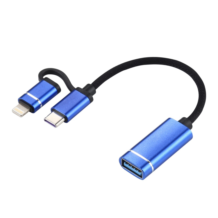 USB 3.0 Female to 8 Pin + USB-C / Type-C Male Charging + Transmission OTG Nylon Braided Adapter Cable, Cable Length: 11cm(Blue) - Converter & Adapter by PMC Jewellery | Online Shopping South Africa | PMC Jewellery | Buy Now Pay Later Mobicred