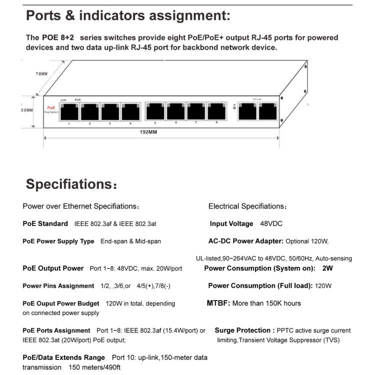 ESCAM POE 8+2 10-Port Fast Ethernet Switch 8-Port POE 10/100M 120W Network Switch, Transmission Distance: 150m(Blue) - Switch by ESCAM | Online Shopping South Africa | PMC Jewellery | Buy Now Pay Later Mobicred