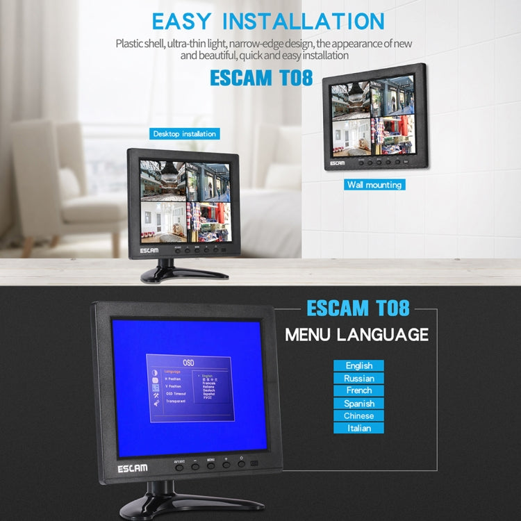 ESCAM T08 8 inch TFT LCD 1024x768 Monitor with VGA & HDMI & AV & BNC & USB for PC CCTV Security - DVD & LCD Player by ESCAM | Online Shopping South Africa | PMC Jewellery | Buy Now Pay Later Mobicred
