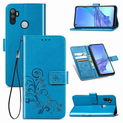 For Oppo A53 2020 Four-leaf Clasp Embossed Buckle Mobile Phone Protection Leather Case with Lanyard & Card Slot & Wallet & Bracket Function(Blue) - OPPO Cases by PMC Jewellery | Online Shopping South Africa | PMC Jewellery | Buy Now Pay Later Mobicred