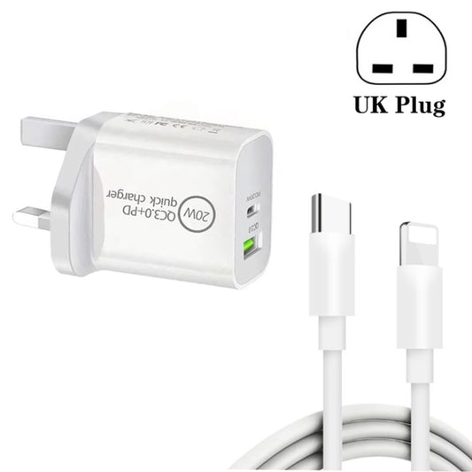 SDC-20WA+C 20W PD + QC 3.0 USB Dual Fast Charging Universal Travel Charger with Type-C / USB-C to 8 Pin Fast Charging Data Cable, UK Plug - USB Charger by PMC Jewellery | Online Shopping South Africa | PMC Jewellery | Buy Now Pay Later Mobicred