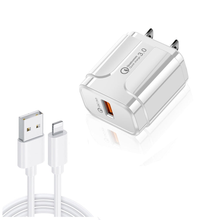 LZ-023 18W QC 3.0 USB Portable Travel Charger + 3A USB to 8 Pin Data Cable, US Plug(White) - USB Charger by PMC Jewellery | Online Shopping South Africa | PMC Jewellery | Buy Now Pay Later Mobicred