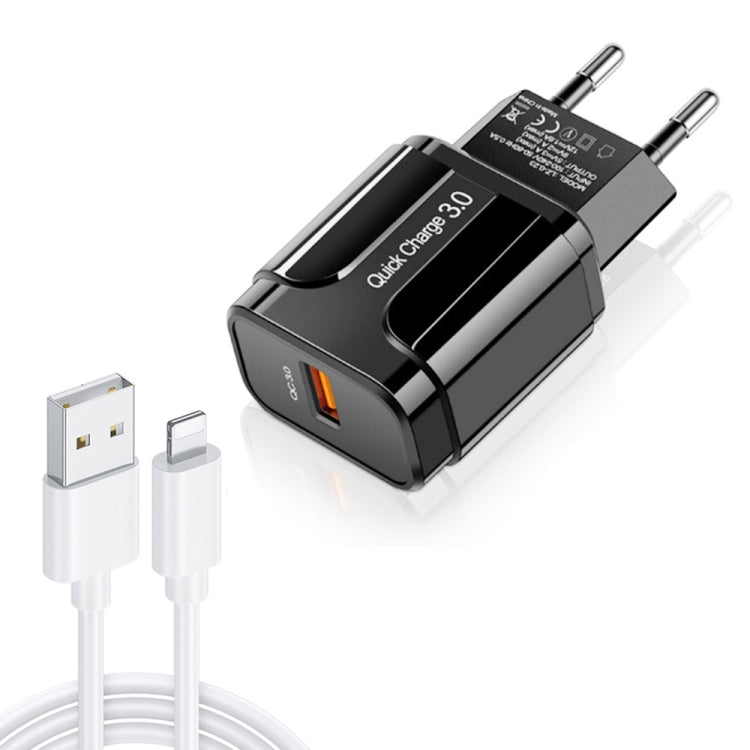 LZ-023 18W QC 3.0 USB Portable Travel Charger + 3A USB to 8 Pin Data Cable, EU Plug(Black) - USB Charger by PMC Jewellery | Online Shopping South Africa | PMC Jewellery | Buy Now Pay Later Mobicred