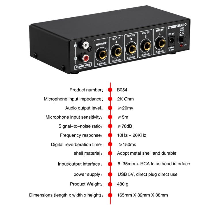 B054 4-Channel Microphone Mixer Support Stereo Output With Reverb Treble And Bass Adjustment, USB 5V Power Supply, US Plug -  by PMC Jewellery | Online Shopping South Africa | PMC Jewellery