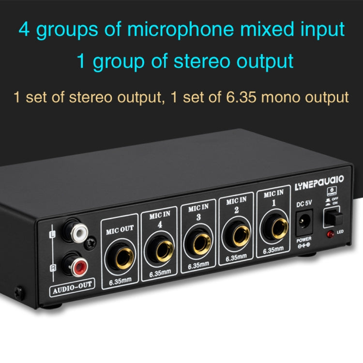 B054 4-Channel Microphone Mixer Support Stereo Output With Reverb Treble And Bass Adjustment, USB 5V Power Supply, US Plug -  by PMC Jewellery | Online Shopping South Africa | PMC Jewellery