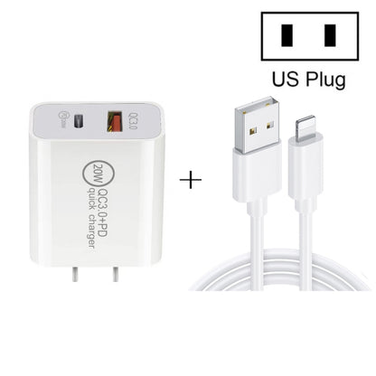 20W PD Type-C + QC 3.0 USB Interface Fast Charging Travel Charger with USB to 8 Pin Fast Charge Data Cable US Plug - USB Charger by PMC Jewellery | Online Shopping South Africa | PMC Jewellery | Buy Now Pay Later Mobicred