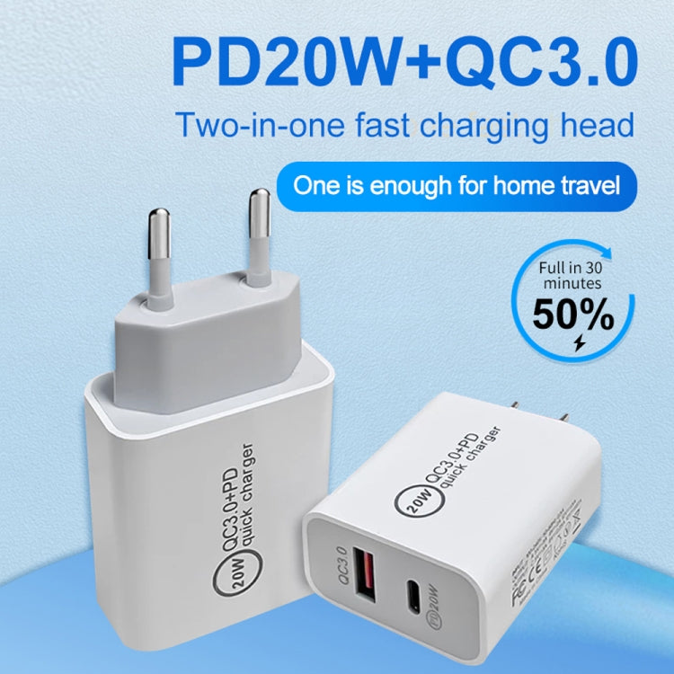 20W PD Type-C + QC 3.0 USB Interface Fast Charging Travel Charger with USB-C / Type-C to 8 Pin Fast Charge Data Cable US Plug - USB Charger by PMC Jewellery | Online Shopping South Africa | PMC Jewellery | Buy Now Pay Later Mobicred