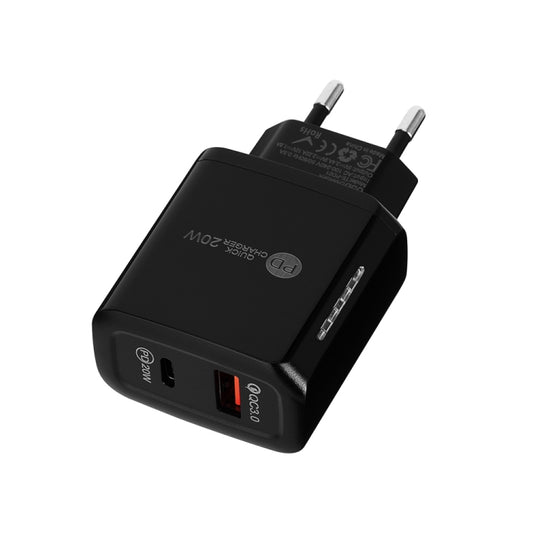 TE-PD01 PD 20W + QC3.0 USB Dual Ports Quick Charger with Indicator Light, EU Plug(Black) - USB Charger by PMC Jewellery | Online Shopping South Africa | PMC Jewellery | Buy Now Pay Later Mobicred