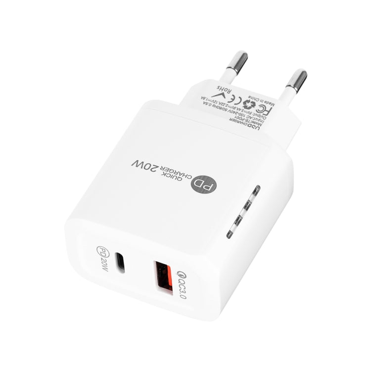 TE-PD01 PD 20W + QC3.0 USB Dual Ports Quick Charger with Indicator Light, EU Plug(White) - USB Charger by PMC Jewellery | Online Shopping South Africa | PMC Jewellery | Buy Now Pay Later Mobicred