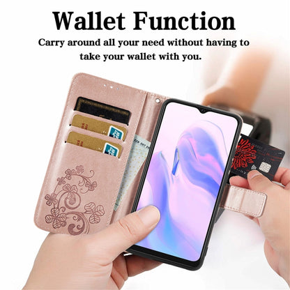 For Blackview A70 Four-leaf Clasp Embossed Buckle Mobile Phone Protection Leather Case with Lanyard & Card Slot & Wallet & Bracket Function(Rose Gold) - More Brand by PMC Jewellery | Online Shopping South Africa | PMC Jewellery | Buy Now Pay Later Mobicred