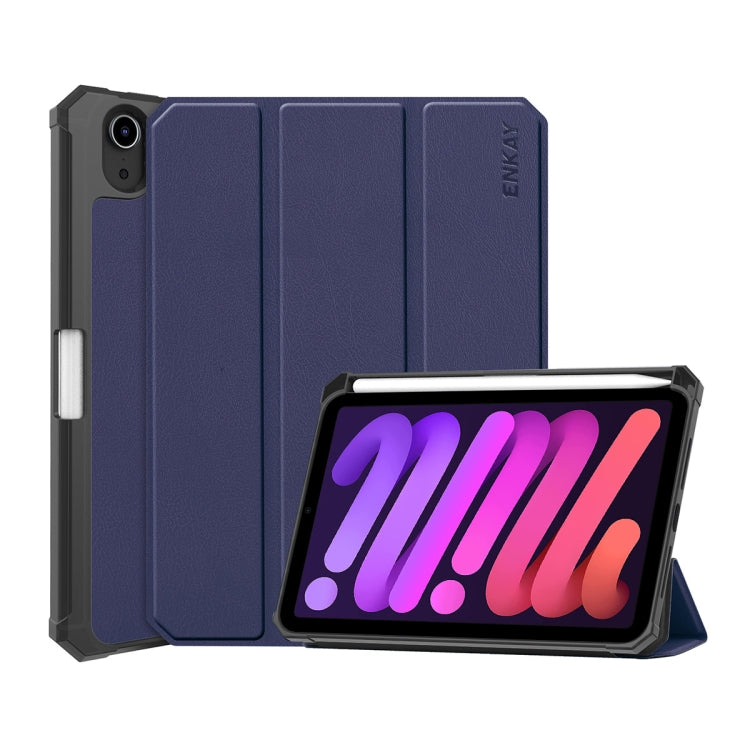 For iPad mini 2024 / mini 6 ENKAY Custer Texture Horizontal Flip PU+TPU Leather Tablet Case with Three-folding Holder & Sleep / Wake-up Function & Pen Holder(Dark Blue) - free shipping - PMc TechLife - Order now!