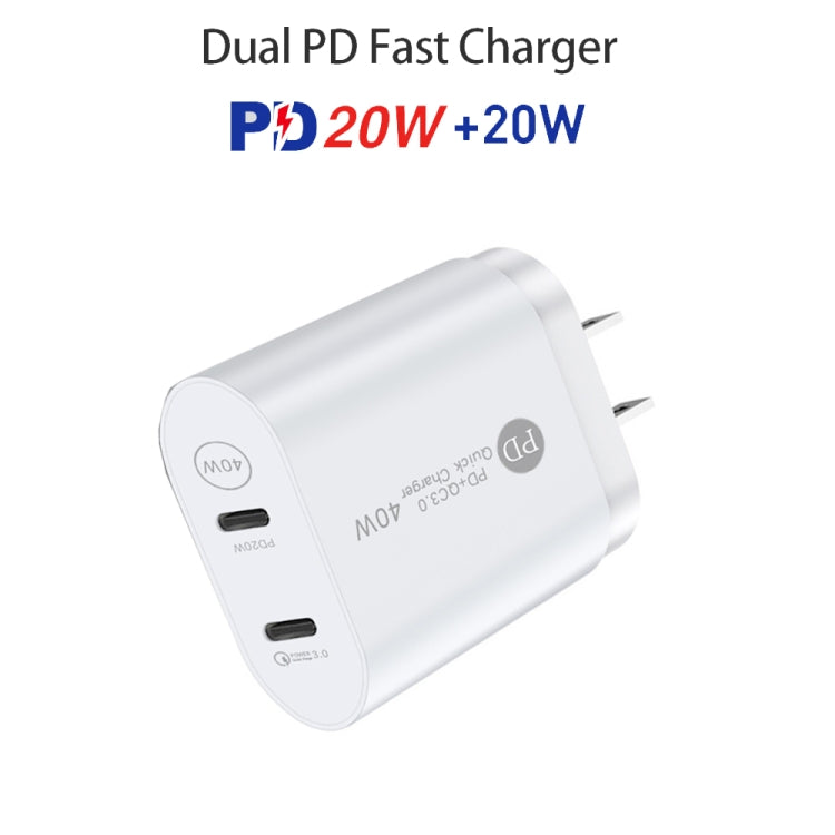 002 40W Dual Port PD USB-C / Type-C Fast Charger for iPhone / iPad Series, US Plug(White) - USB Charger by PMC Jewellery | Online Shopping South Africa | PMC Jewellery | Buy Now Pay Later Mobicred