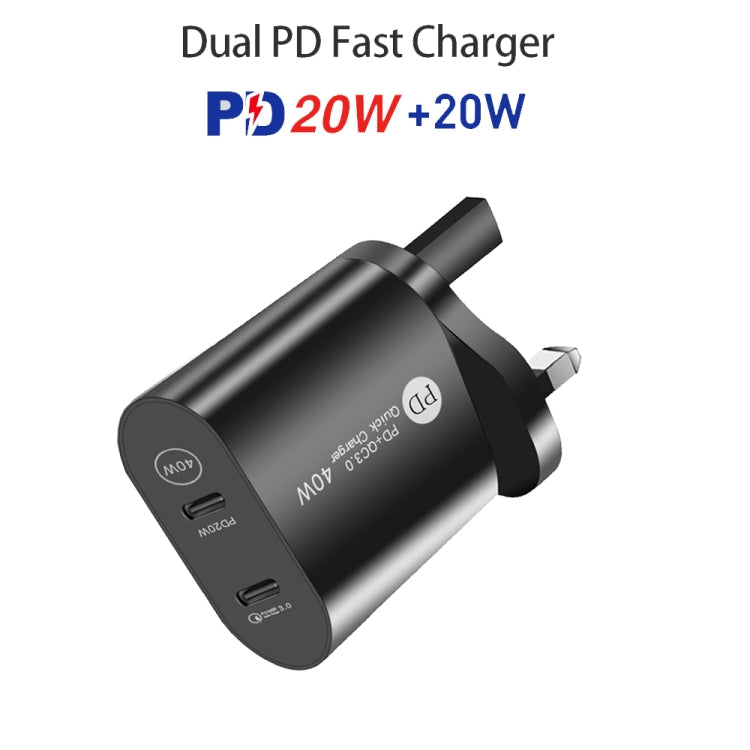 002 40W Dual Port PD USB-C / Type-C Fast Charger for iPhone / iPad Series, UK Plug(Black) - USB Charger by PMC Jewellery | Online Shopping South Africa | PMC Jewellery | Buy Now Pay Later Mobicred