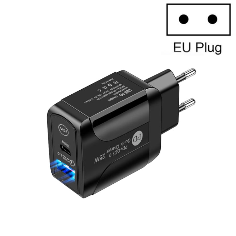 PD25W USB-C / Type-C + QC3.0 USB Dual Ports Fast Charger, EU Plug(Black) - USB Charger by PMC Jewellery | Online Shopping South Africa | PMC Jewellery | Buy Now Pay Later Mobicred