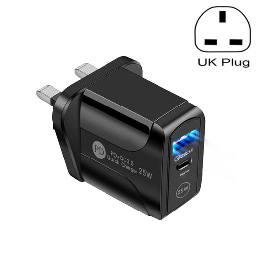 PD25W USB-C / Type-C + QC3.0 USB Dual Ports Fast Charger, UK Plug(Black) - USB Charger by PMC Jewellery | Online Shopping South Africa | PMC Jewellery | Buy Now Pay Later Mobicred