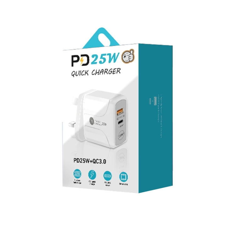 PD25W USB-C / Type-C + QC3.0 USB Dual Ports Fast Charger with USB-C to 8 Pin Data Cable, UK Plug(White) - USB Charger by PMC Jewellery | Online Shopping South Africa | PMC Jewellery | Buy Now Pay Later Mobicred