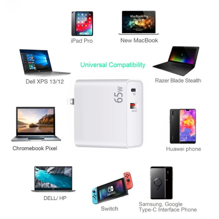 PD-65W USB-C / Type-C + QC3. 0 USB Laptop Charging Adapter + 2m USB-C / Type-C to USB-C / Type-C Data Cable Set, US Plug(White) - free shipping - PMC Jewellery - Order now!