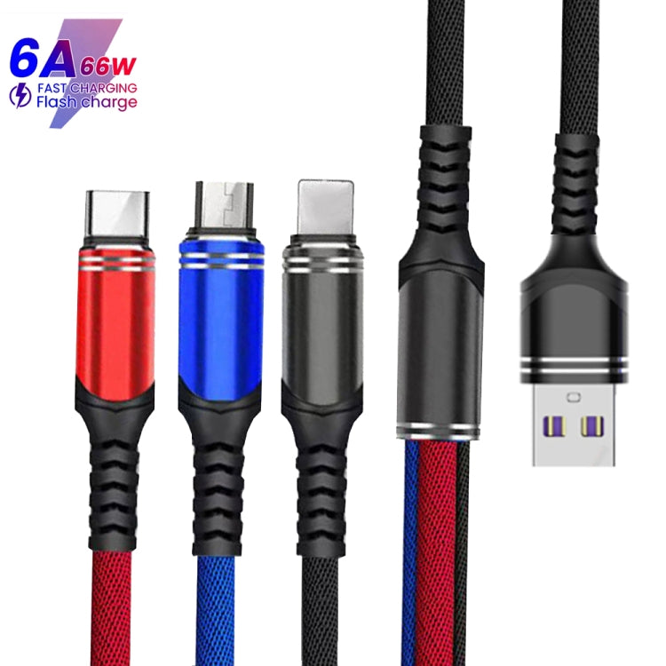 XJ-78 66W 6A 3 in 1 USB to 8 Pin + Type-C + Micro USB Super Flash Charging Cable, Length: 1.2m(Red) - Multifunction Cable by PMC Jewellery | Online Shopping South Africa | PMC Jewellery | Buy Now Pay Later Mobicred