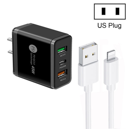 45W PD25W + 2 x QC3.0 USB Multi Port Charger with USB to 8 Pin Cable, US Plug(Black) - USB Charger by PMC Jewellery | Online Shopping South Africa | PMC Jewellery | Buy Now Pay Later Mobicred