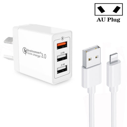 SDC-30W QC3.0 USB + 2 x USB2.0 Port Quick Charger with USB to 8 Pin Cable, AU Plug - USB Charger by PMC Jewellery | Online Shopping South Africa | PMC Jewellery | Buy Now Pay Later Mobicred