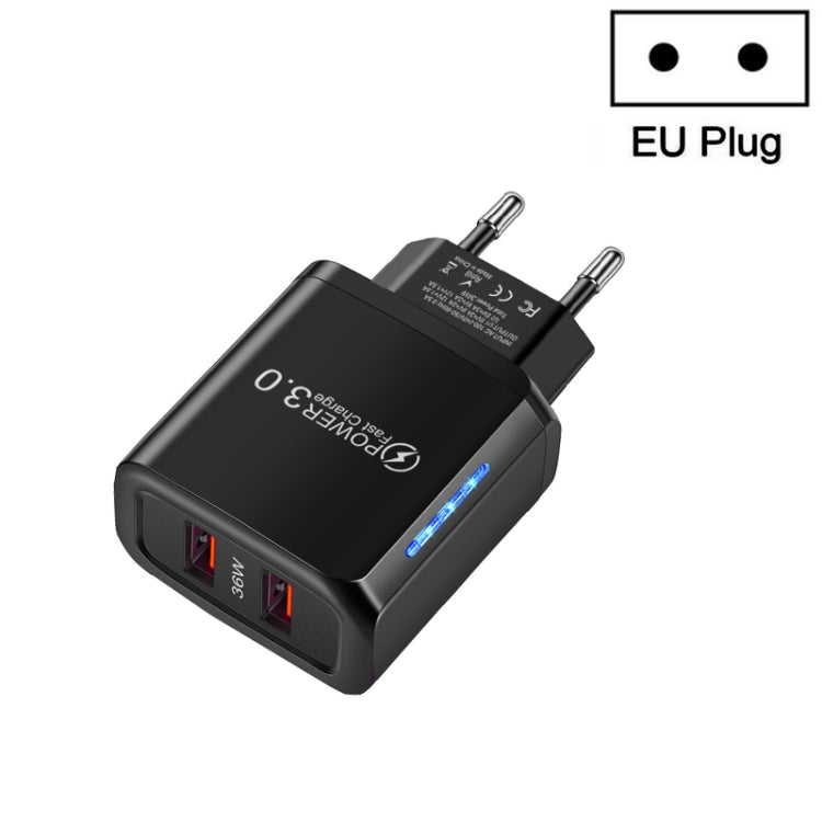 36W Dual Port QC3.0 USB Mobile Phone Charger Dual 18W Output, EU Plug(Black) - USB Charger by PMC Jewellery | Online Shopping South Africa | PMC Jewellery | Buy Now Pay Later Mobicred