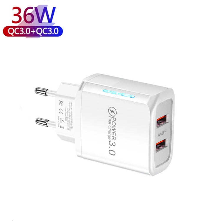 36W Dual Port QC3.0 USB Mobile Phone Charger Dual 18W Output, EU Plug(White) - USB Charger by PMC Jewellery | Online Shopping South Africa | PMC Jewellery | Buy Now Pay Later Mobicred